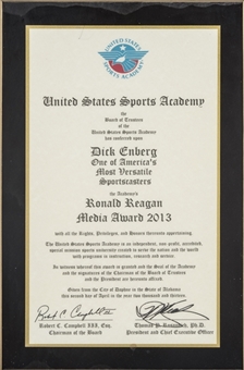 2013 United States Sports Academy Ronald Reagan Media Award Presented To Dick Enberg (Letter of Provenance)